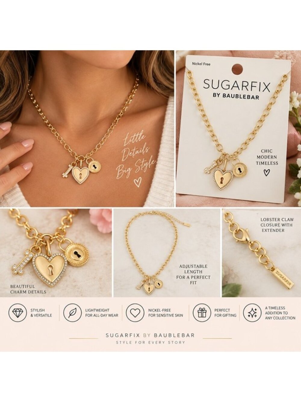 SUGARFIX by BaubleBar Heart Key Locket Charm Necklace Gold Tone NWT